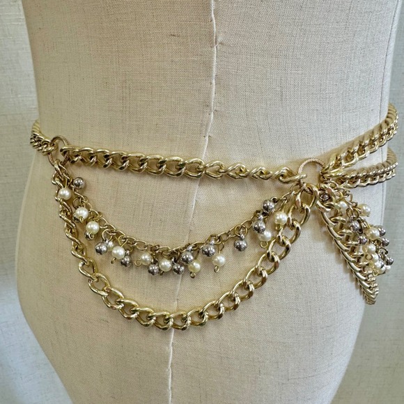 Gold Tone Multi Layer Chain Belt Faux Pearl Rhinestone Dangle Accent One‎ Size main image 15